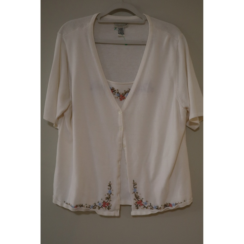 Cottagecore Floral Yarnworks Cardigan Set XL White Embroidered Twinset
